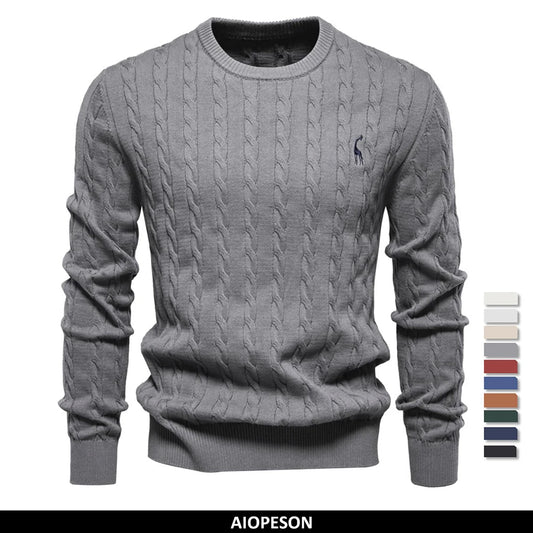 Men's Giraffe Embroidery Cotton Sweaters Round Neck Classic Twist Patterned Pullover Knitted Sweater for Men