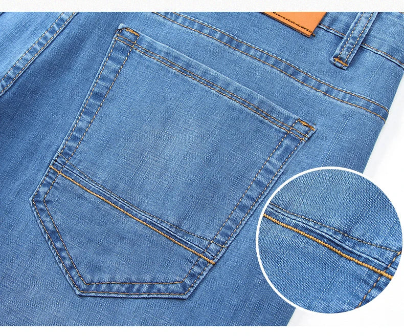 2025 Dunne of dikke stoffen kantoor- en zakenjeans voor heren, klassiek blauw, zwart, katoenen stretch, rechte denimbroek, herenmerkbroeken