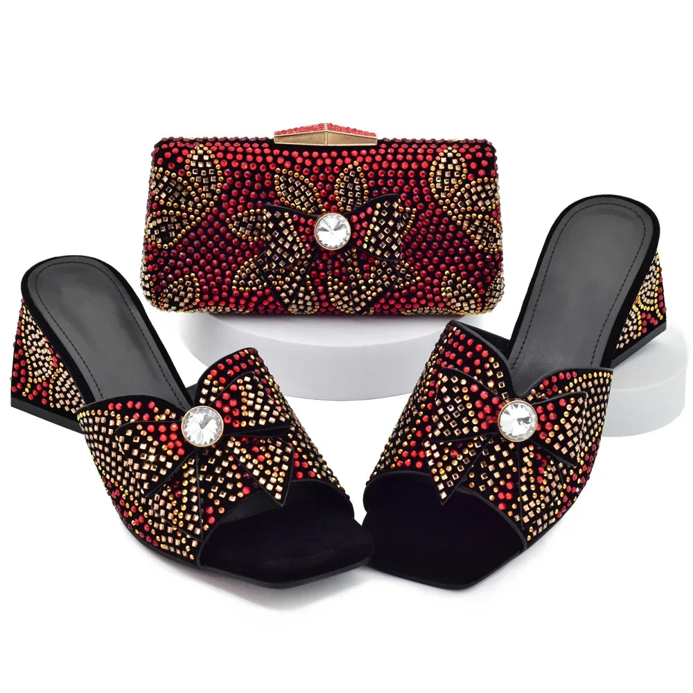 Nigeria Popular Design African Ladies Shoes and Bag Set Decorated with Rhinestone Wedding Shoes Bride Peep Toe Low Black Heels