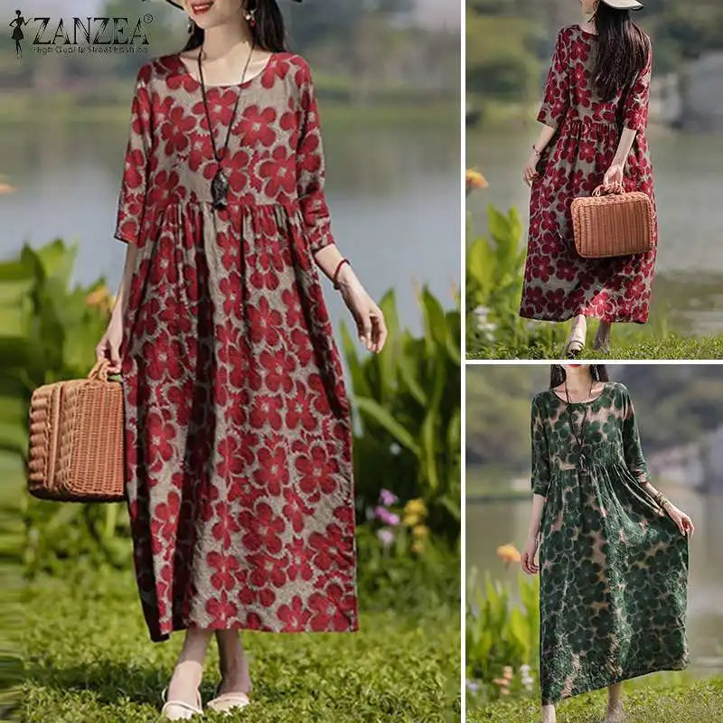 Bohemian Floral Printed Dress Autumn Long Sleeve O-Neck Maxi Robe Woman Casual Holiday Sundress Elegant Party Vestidos