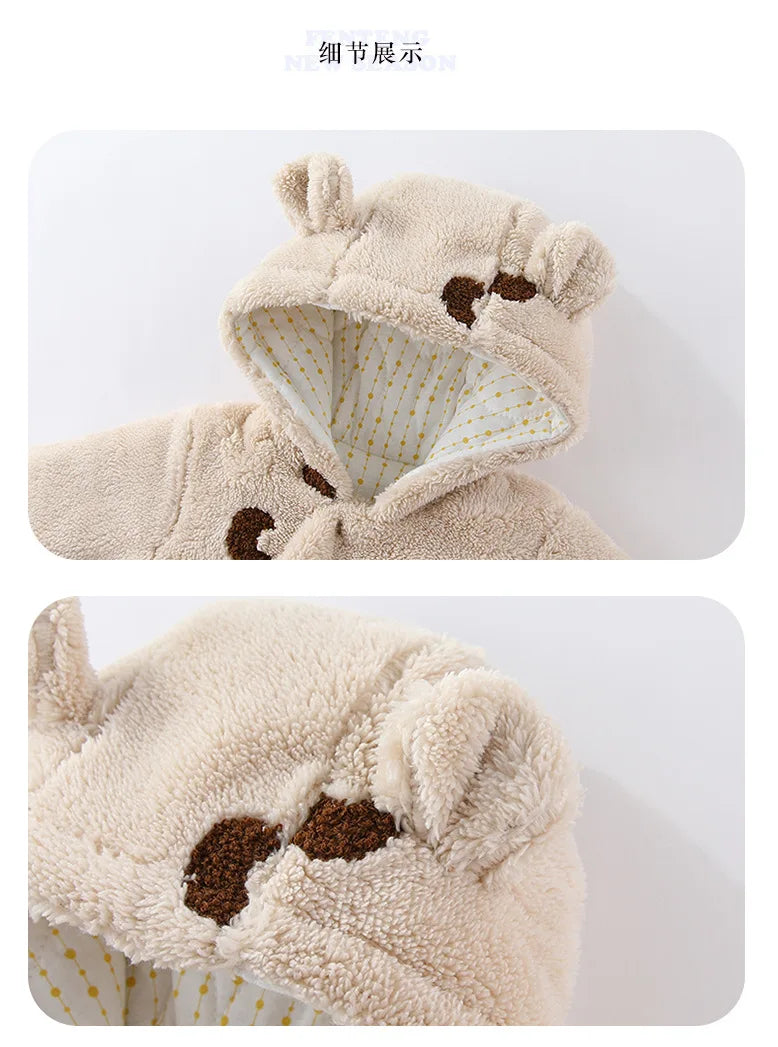 Winter New-born Warm Clothes Cotton Padded Toddler Fur Lining Hoodie Footie Jumpsuits