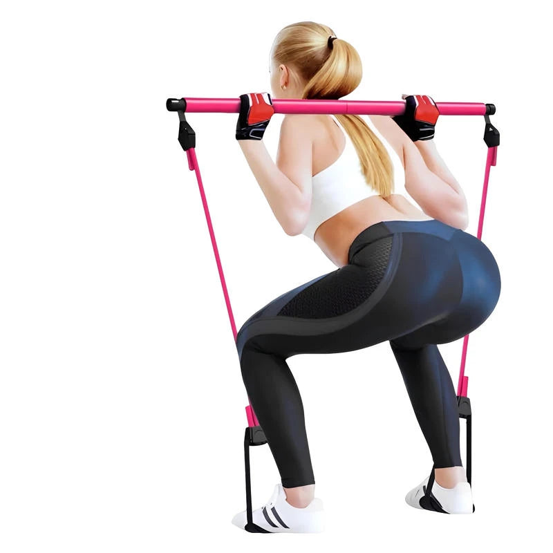Adjustable Fitness Bar For Home Workout, Yoga, Stretching & Toning - Pilates Stick, Portable Exercise Rod with Elastic Bands