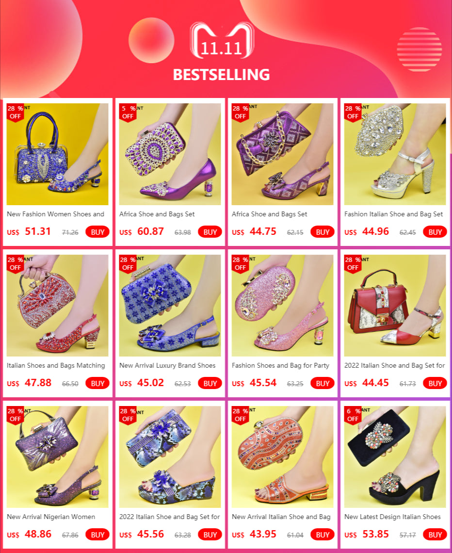 Italian Women Wedding Shoes and Bag Set Decorated with Rhinestone Africa Shoe and Bag Set Plus Size Heels 43 Wedding Shoes Bride