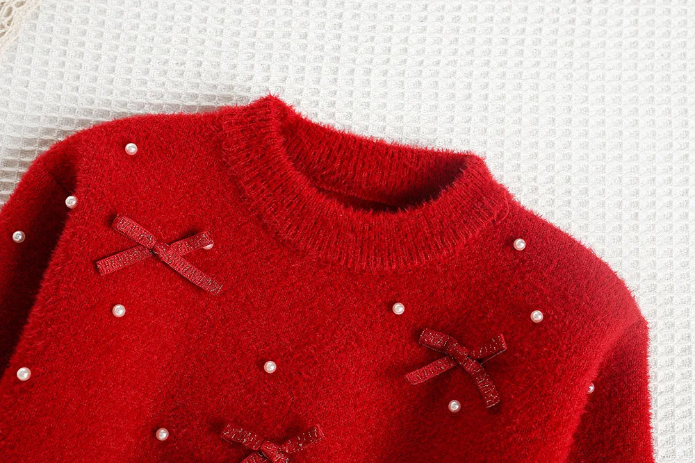New Autumn Baby Knitwear Cute Girls Bow Bead Children's Sweater Thin Kids Clothes 9M-5T Girls