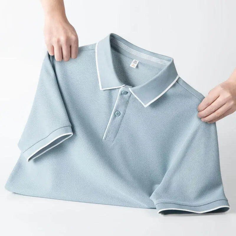 Men's Business Casual Polo Shirt With White Trim Short Sleeve, Classic Collar Design, Breathable, & Male Stylish T-Shirt