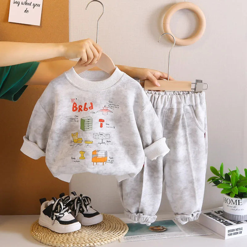 New Autumn Children Sweatshirt Set Sweet Cartoon Boys Hoodie + Sweatpants Kids 2PCS Printing Casual Suit 1-5T Unisex