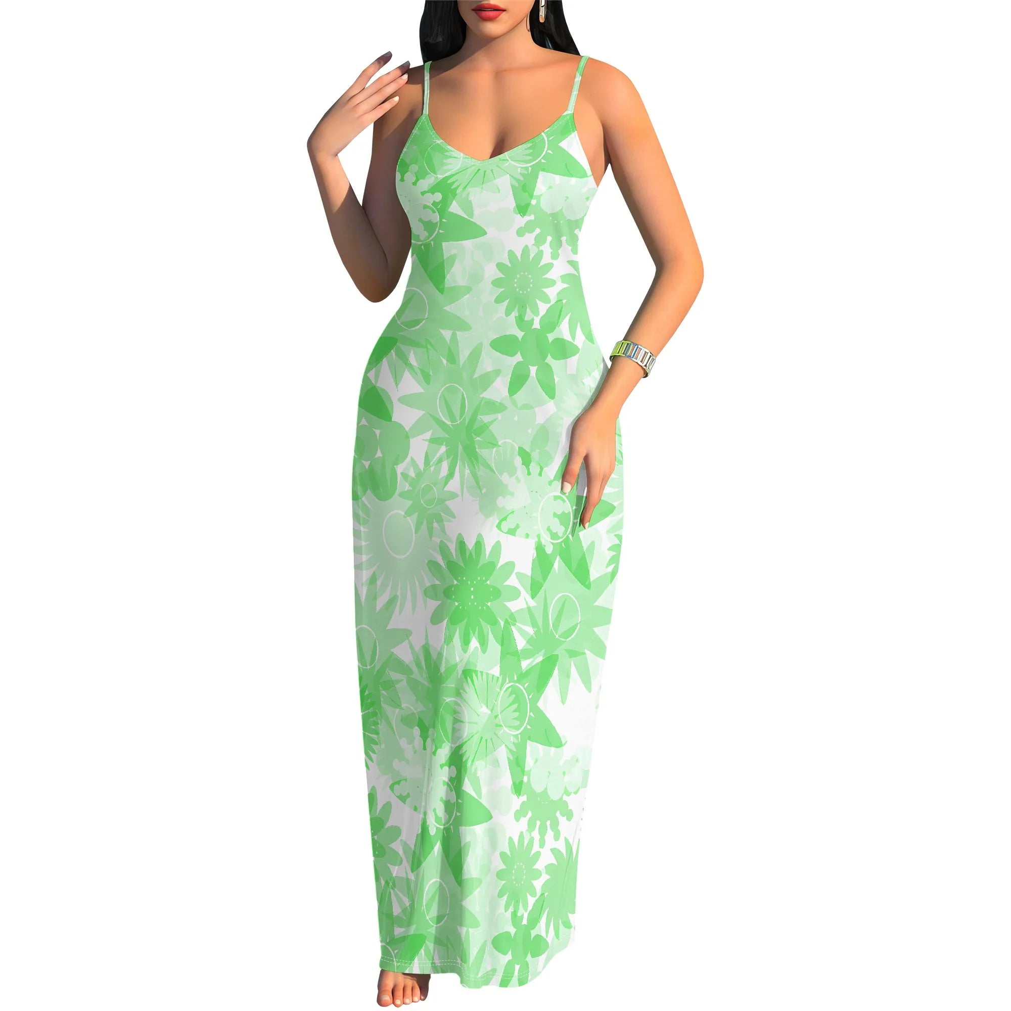 Summer Vacation V Neck Spaghetti Strap Maxi Dress Green Abstract Floral Print Beach Sundress