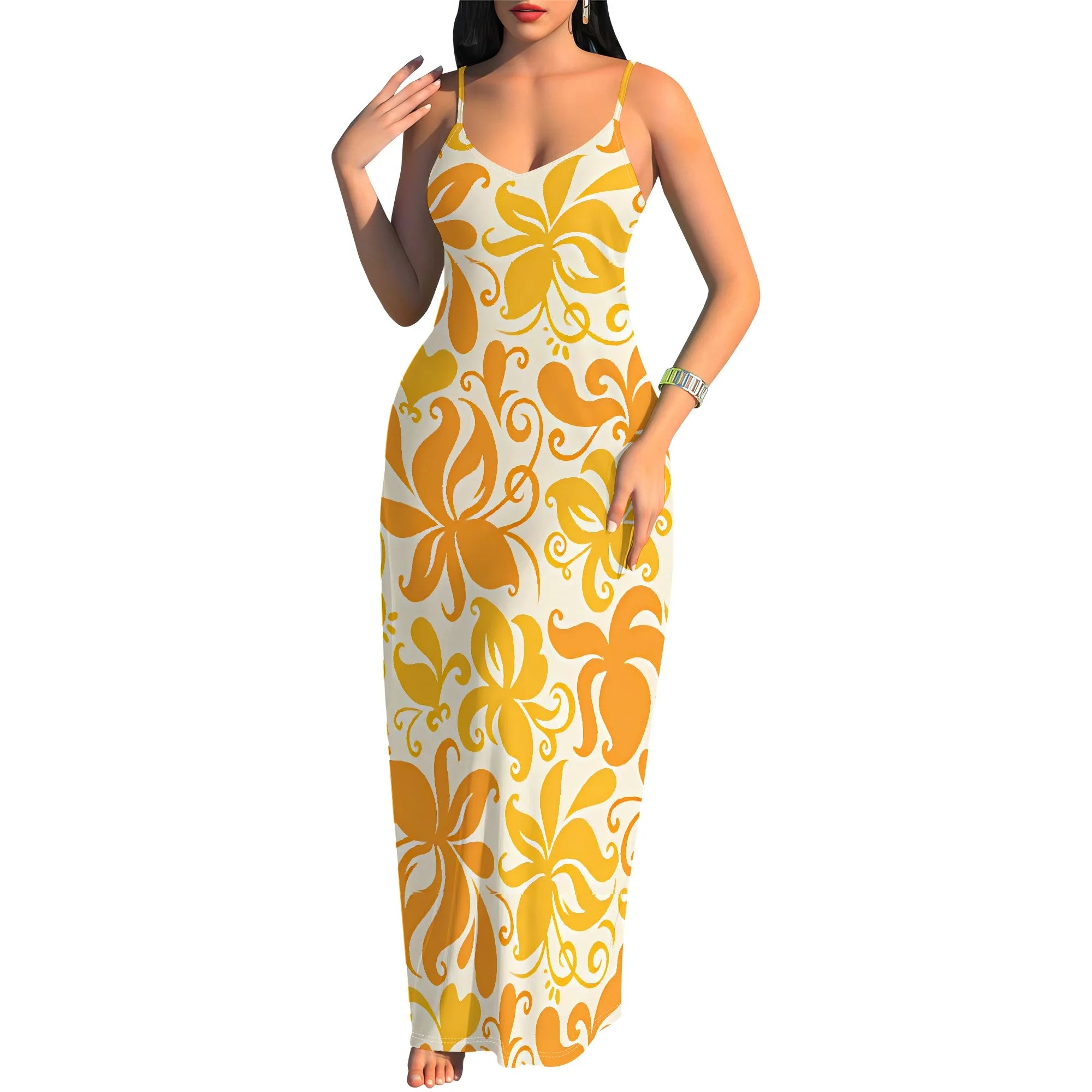 Summer Vacation V Neck Spaghetti Strap Maxi Dress Green Abstract Floral Print Beach Sundress