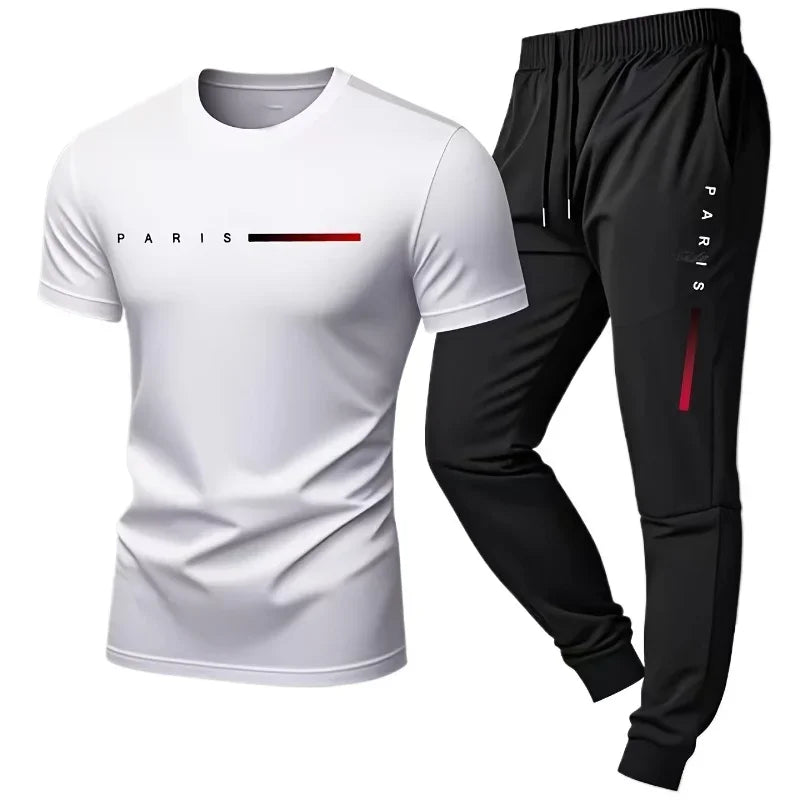 PARIS Men’s Casual 2-Piece Tracksuit Set – Letter Print T-Shirt & Shorts Summer Sportswear Outfit