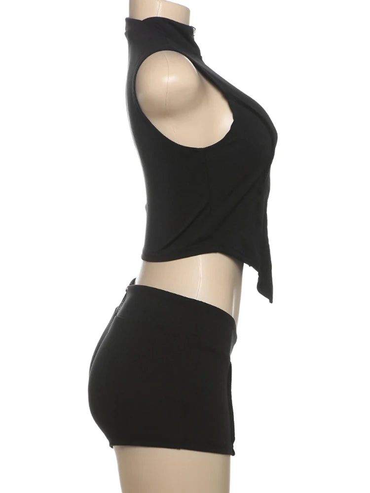 Lijnen Patchwork 2-delige set Dames Rits Cardigan Onregelmatige Crop Top + Skinny Peach Hip Shorts Eenvoudige Sportieve Straatkleding