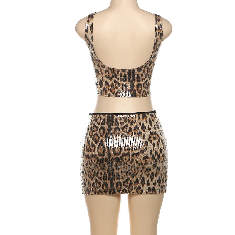 Leopard Sequin 2 Piece Set Women 2025 Summer Trend Backless Crop Top + Skinny Mini Skirt Matching Street Sexy Wild Suit For Women