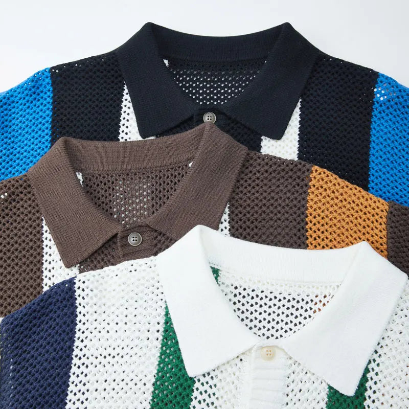 Men's Autumn/Winter Colour-Block Striped Polo Collar Knitted  High Quality Hollow Out Cardigan With 60% Cotton