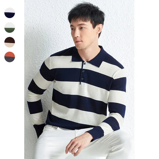 Men's Autumn & Winter 48-Count Worsted Basolan Wool Striped American T-Shirt with Polo Collar – Machine Washable & Loose-Knit