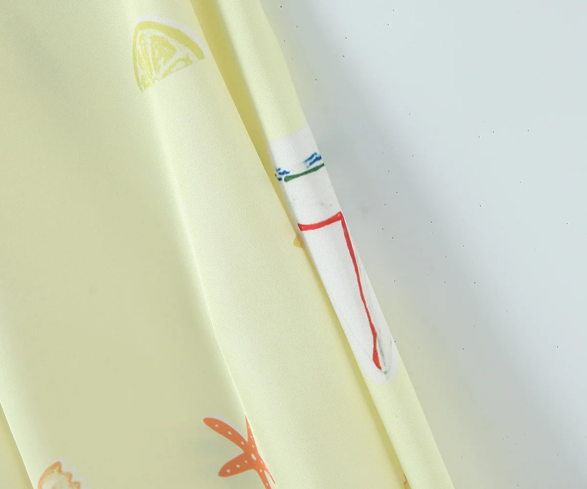 Cute Print Yellow Sexy Corset Style Sling Mini Dresses Women Summer A-line Holiday Dress Backless Robe