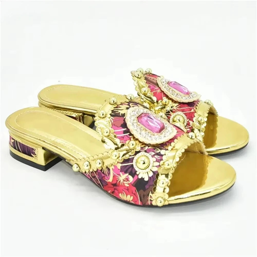 Elegant Women Shoes for Party Wedding Open Toe Pumps Ladies Dress Shoes Decorated with Rhinestone Floral Print African Pumps