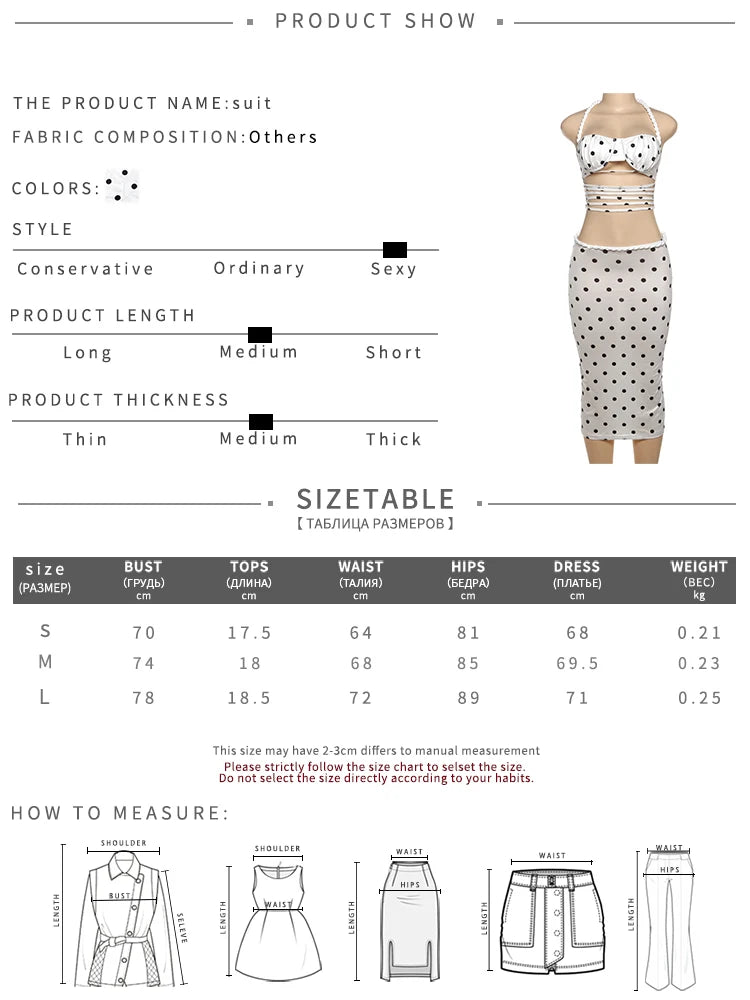 Polka Dots 2 Piece Set Women Twist Bandage Halter Hollow Camisole + Skinny Mid Skirts Street Fashion Elegant Outfits For Women
