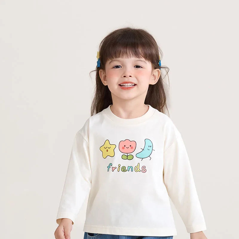 New Spring Girls Boys Cute T-shirt Kids Cartoon Letter Star Flower Undershirts Children Thin Style Bottoming Shirt 7T Unisex