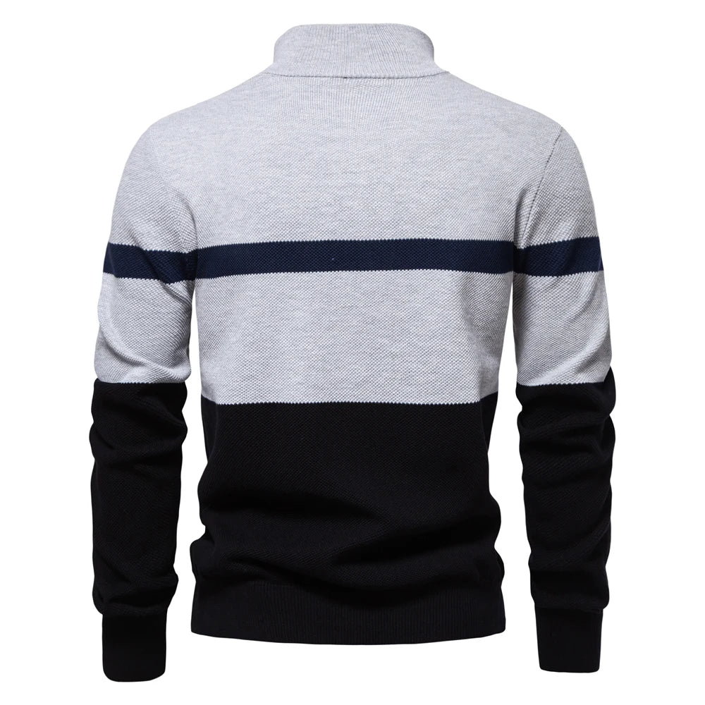 Men's High Quality Cotton Sweater Zipper Mock Neck Pullovers Male Autumn Winter Striped Warm Polo Sweater For Men