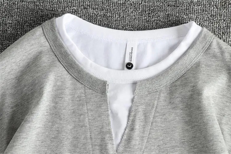 2025 Summer American Retro Short Sleeve V-neck Fake Two Pieces Solid Color T-shirt Men's 100% Cotton Washed Youth Casual Tops