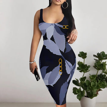 Summer Sleeveless Bodycon Midi Dress Women Abstract Leaf Print Sexy Clubwear Casual Tank Outfit