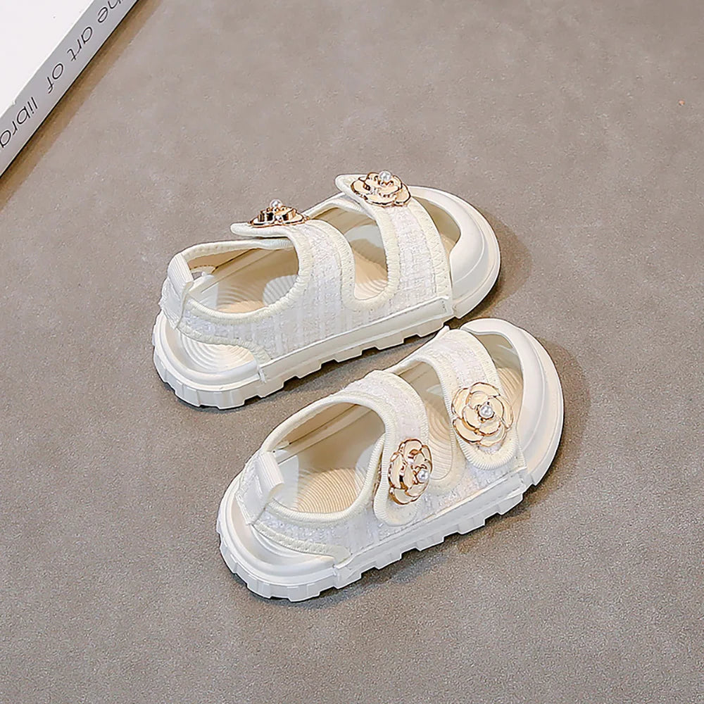 Koreaanse zomersandalen voor meisjes, luxe parelbloem kinderstrandschoenen, ergonomische sandalen met zachte zool voor meisjes