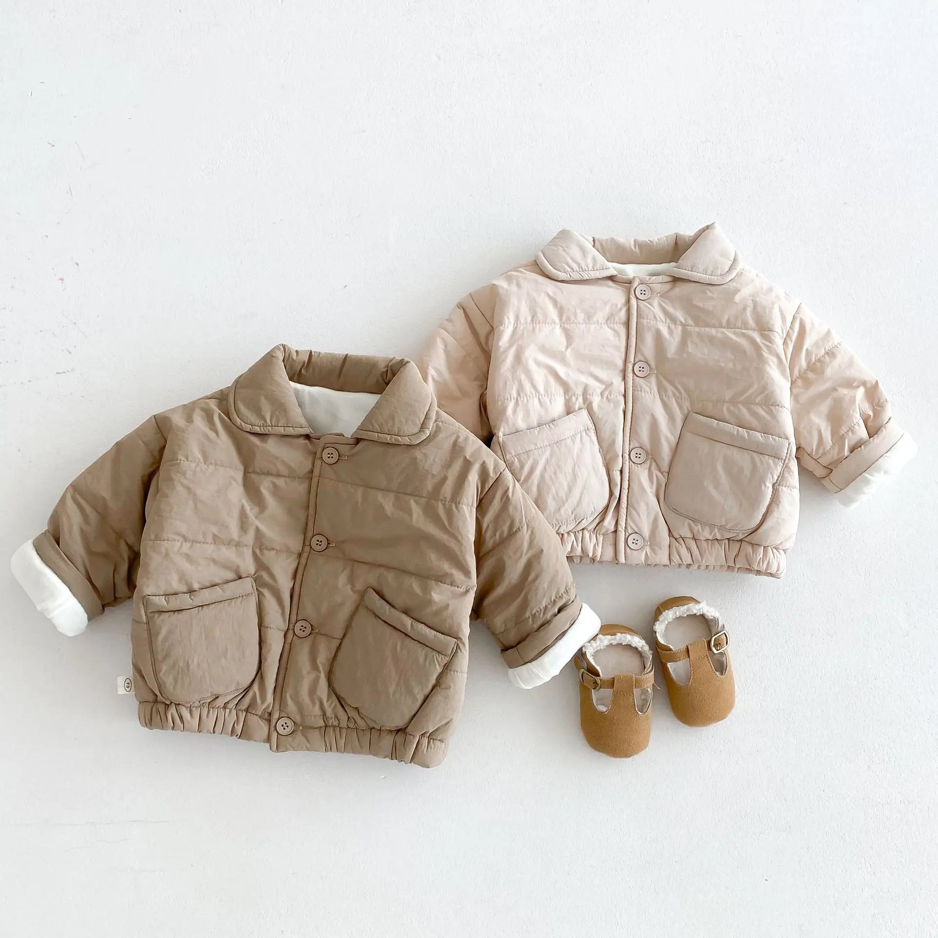 Baby Children's Winter Clothing Solid Colour Cotton Jacket Girls Simple Pocket Outwear Boys Fur Lining Warm Coat 0-5Y Unisex