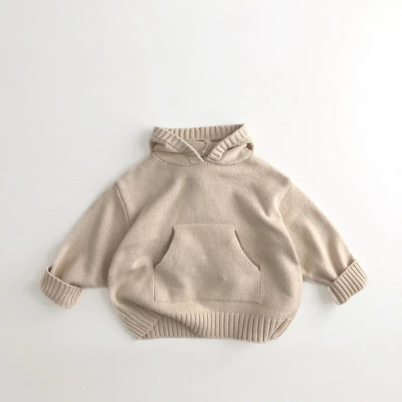 Front Pocket Fine Knit Children Boys Girl Sweaters Hoodie Knit Pullover Loose Style Girl Hooded Toddler Knitwear Coat 1-6Y Unisex