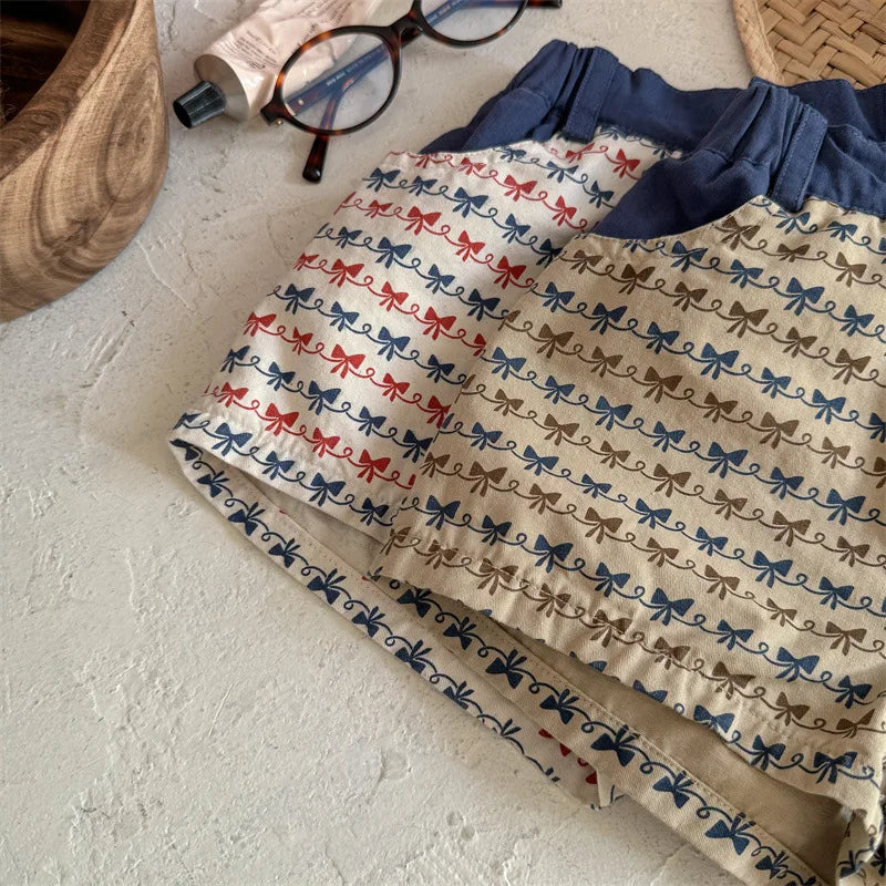 2025 Zomer Nieuwe Baby Meisjes Strik Print Shorts Katoenen Kinderen Losse Shorts Kinderen Veelzijdige Casual Broek Ademende Peuterkleding 4-6Y