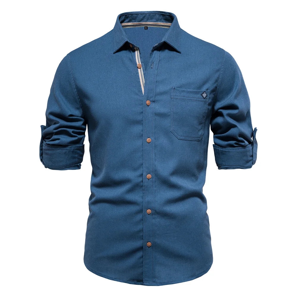 Men's 100% Cotton Social Spring Shirts Single Pocket Solid Colour Long Sleeve Shirts Turn-down Collar For Men