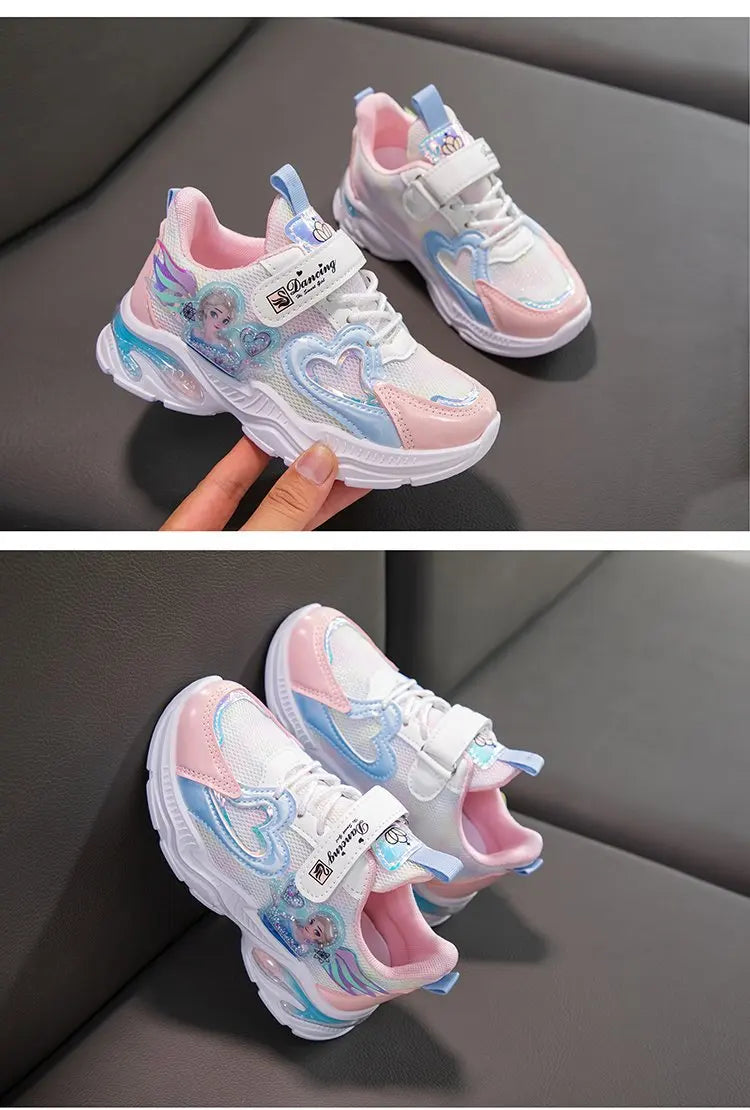 Girls' Casual Shoes Frozen Princess Elsa Sneakers Mesh Leather White Breathable Sole Children's Sport Shoes Size 26-37