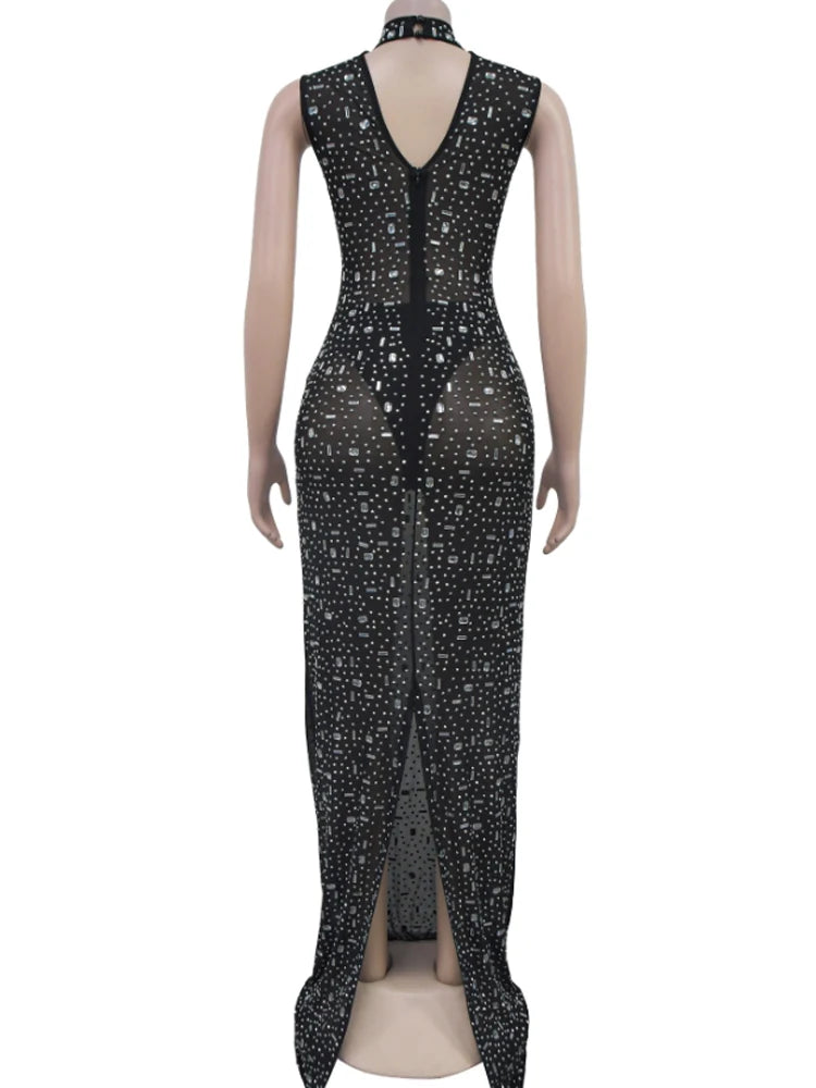 Women's Sexy See Through Sheer Mesh Halter Sleeveless Rhinestone Decor Floor-length Party Dress