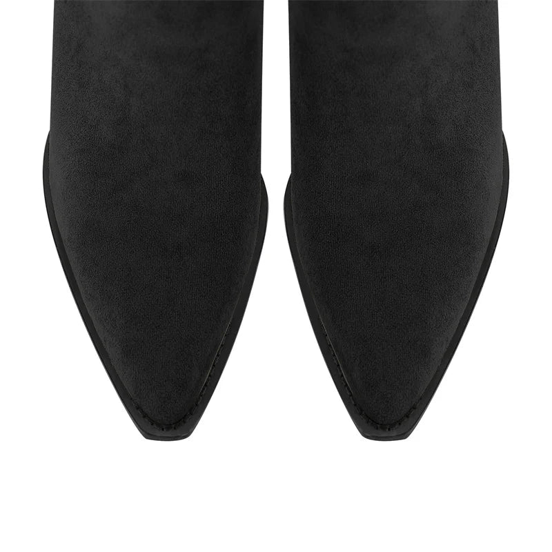 Pointed Toe  Pull-on Western Cowgirl  Boots  Chunky Heel Big Size Ankle Boots