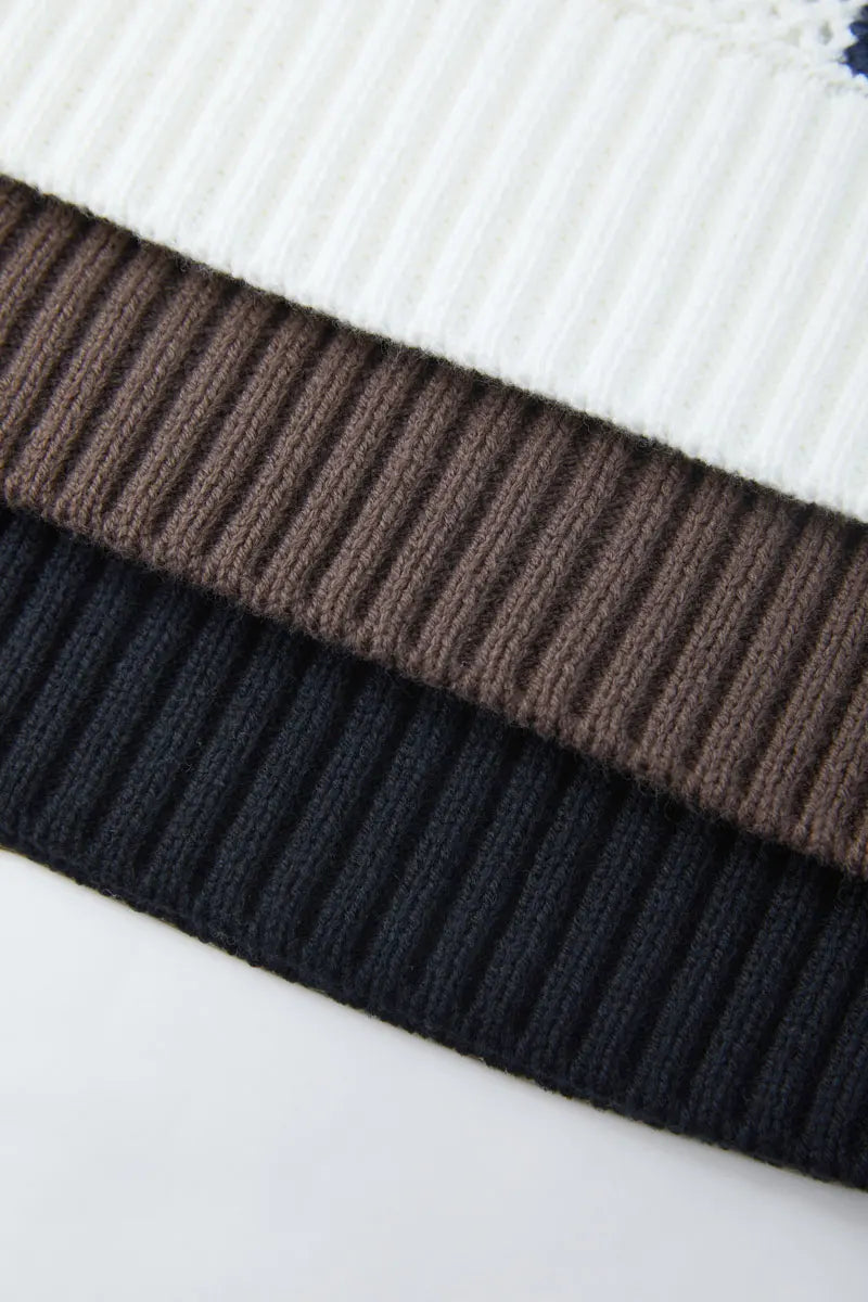 Men's Autumn/Winter Colour-Block Striped Polo Collar Knitted  High Quality Hollow Out Cardigan With 60% Cotton