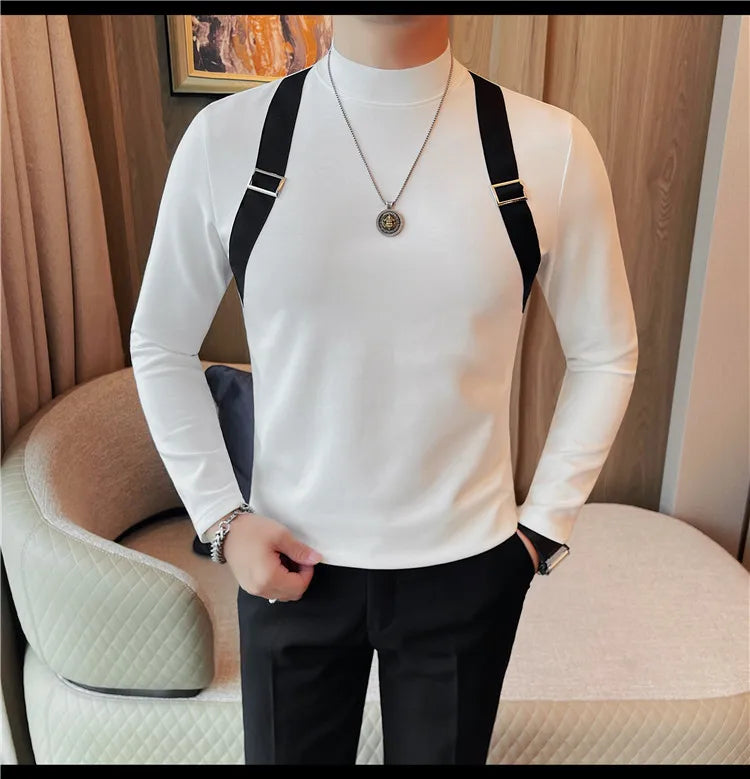 Men's Strap Long-Sleeved T-shirt For Autumn and Winter, Slim Fit Half Turtleneck Bottoming Shirt, Fashion City Knitwear