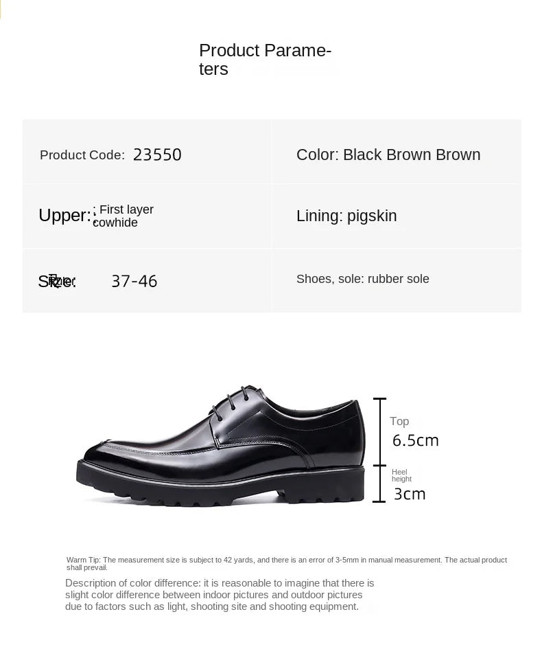 Designer Men's Leather Shoes With Thick Soles Round Toe Glossy Leather Business Dress and Waxed Cowhide Lace-Up British Shoes