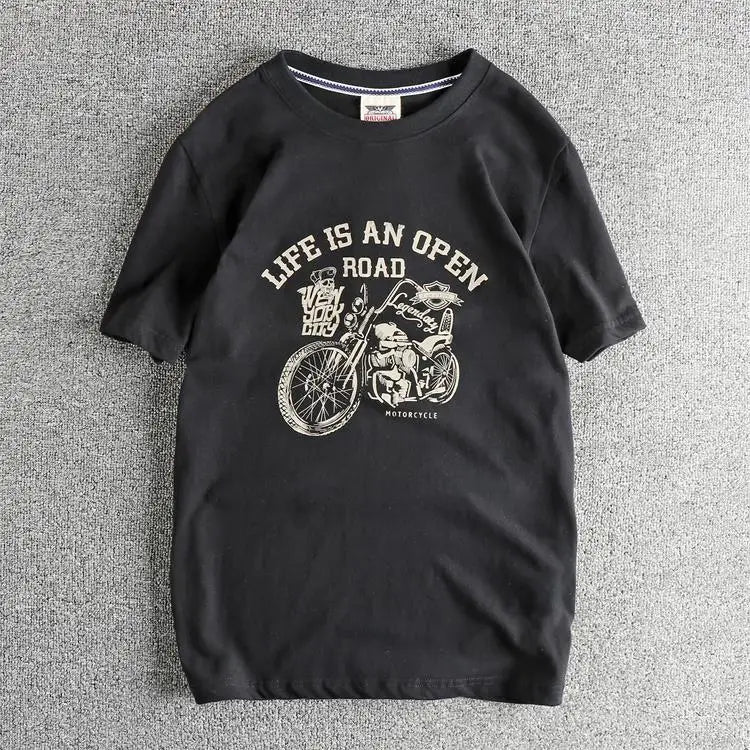 2025 Summer American Retro Short Sleeve O-neck Skeleton Motorcycle Printed T-shirt Men's Fashion 100% Cotton Washed Casual Tops