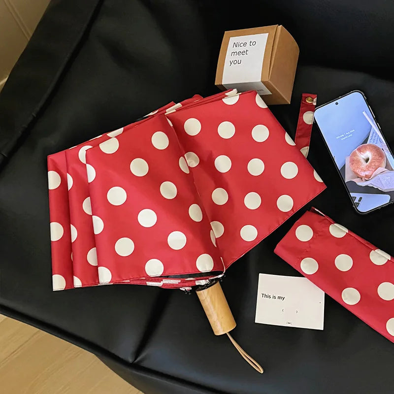 Large Polka Dots AutoOpen/Close Women’s Retro Aesthetic 2-in-1 Umbrella - UPF 50+ Protection 3-Fold Compact, Windproof & Stylish