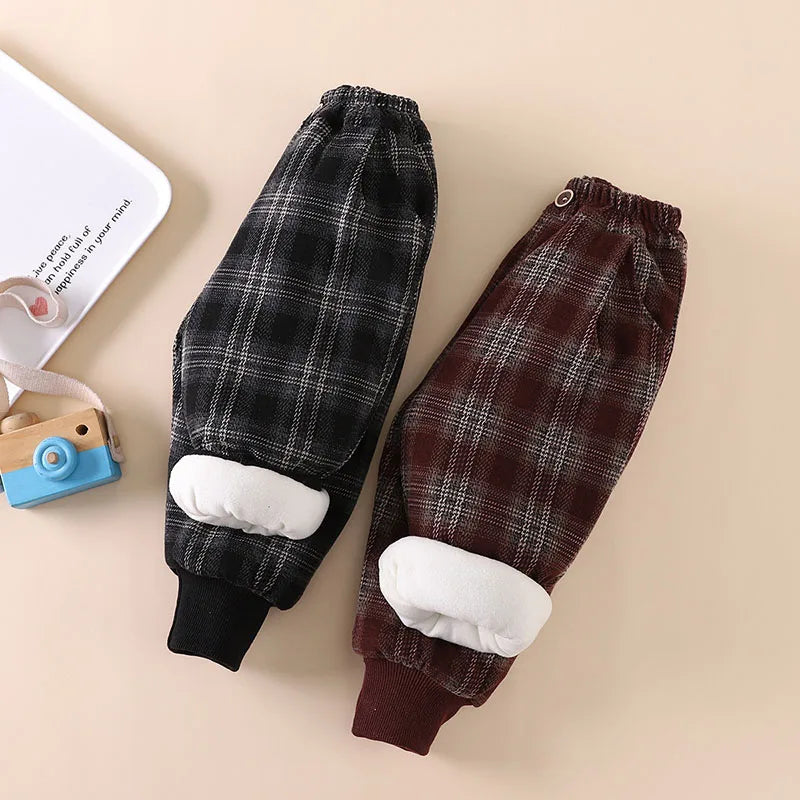 Winter Baby Children's Pants Girls Retro Plaid Thick Trousers Fur Lining Boys Warm Casual Pants 0-5Y Unisex