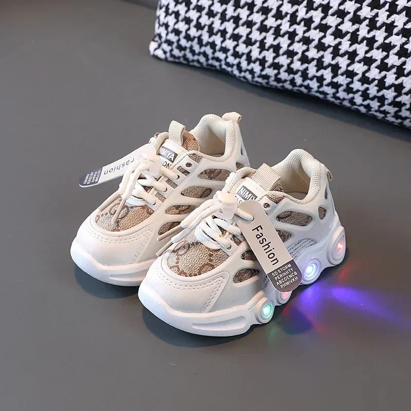 Kids LED Light Up Sneakers - Glow Boys 1-6 Years Breathable Mesh Sporty Shoes Casual Letter Webbing Luminous Footwear