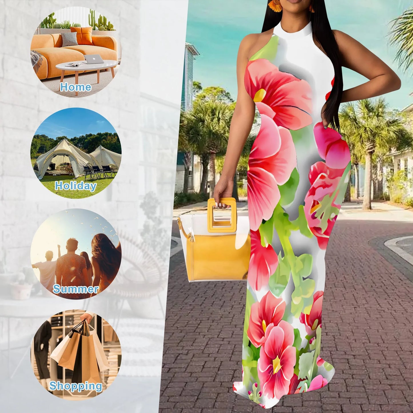 Summer Halter Neck Maxi Dress for Women Floral Print Bodycon Sleeveless Beach Party Outfit