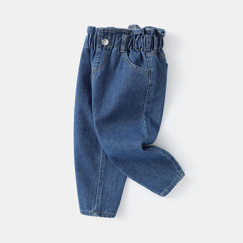 New Spring Kids Jeans Girls Boys Cute Solid Colour Denim Blue Pants Children Loose Trousers 4-6Y Unisex