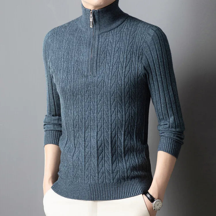 Men's High-Quality Semi-High-Neck, Business Casual Warm Sweater, Stretchy Striped Male Pullover Sizes M-4XL