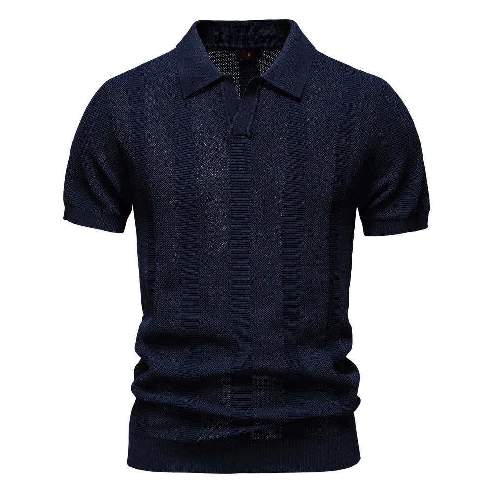 2025 Men's Solid & Striped Mesh Polo Shirt - Breathable Knit Casual Top with Turn-Down Collar