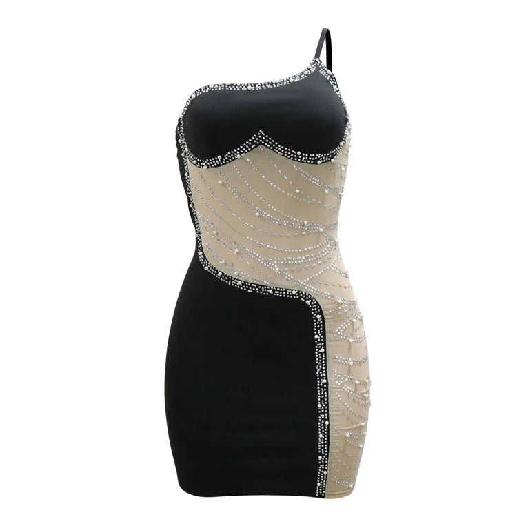 One Shoulder Mesh Rhinestone Inlaid Sleevless Backless Zipper Slim Night Club Dress