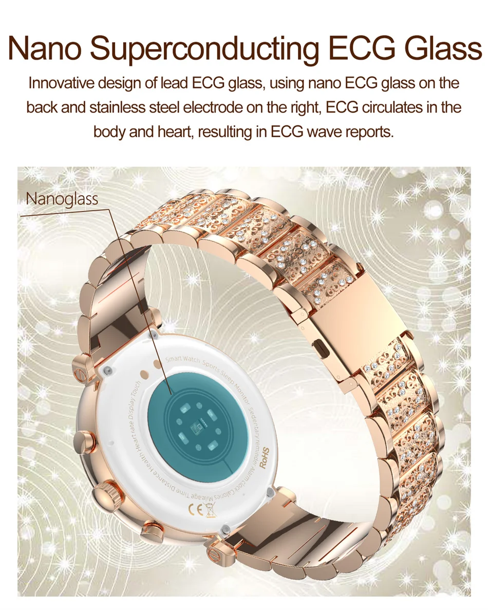 Women Diamond Smart Watch ECG Women Health tracking Watch Full Touch Screen BT Call Custom dial Smartwatch Compatible with Huawei & Xiaomi IOS