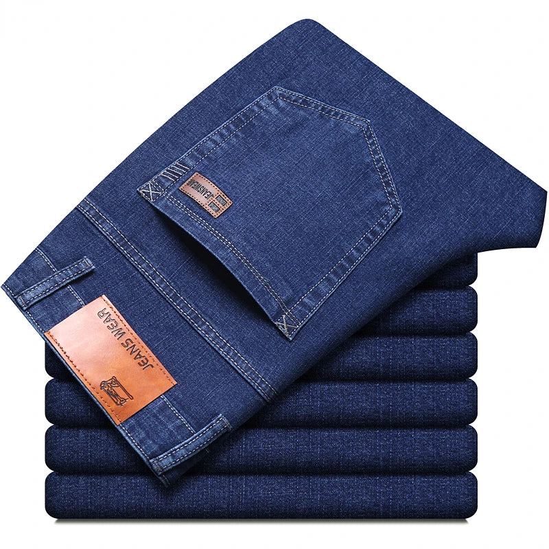 2025 Dunne of dikke stoffen kantoor- en zakenjeans voor heren, klassiek blauw, zwart, katoenen stretch, rechte denimbroek, herenmerkbroeken