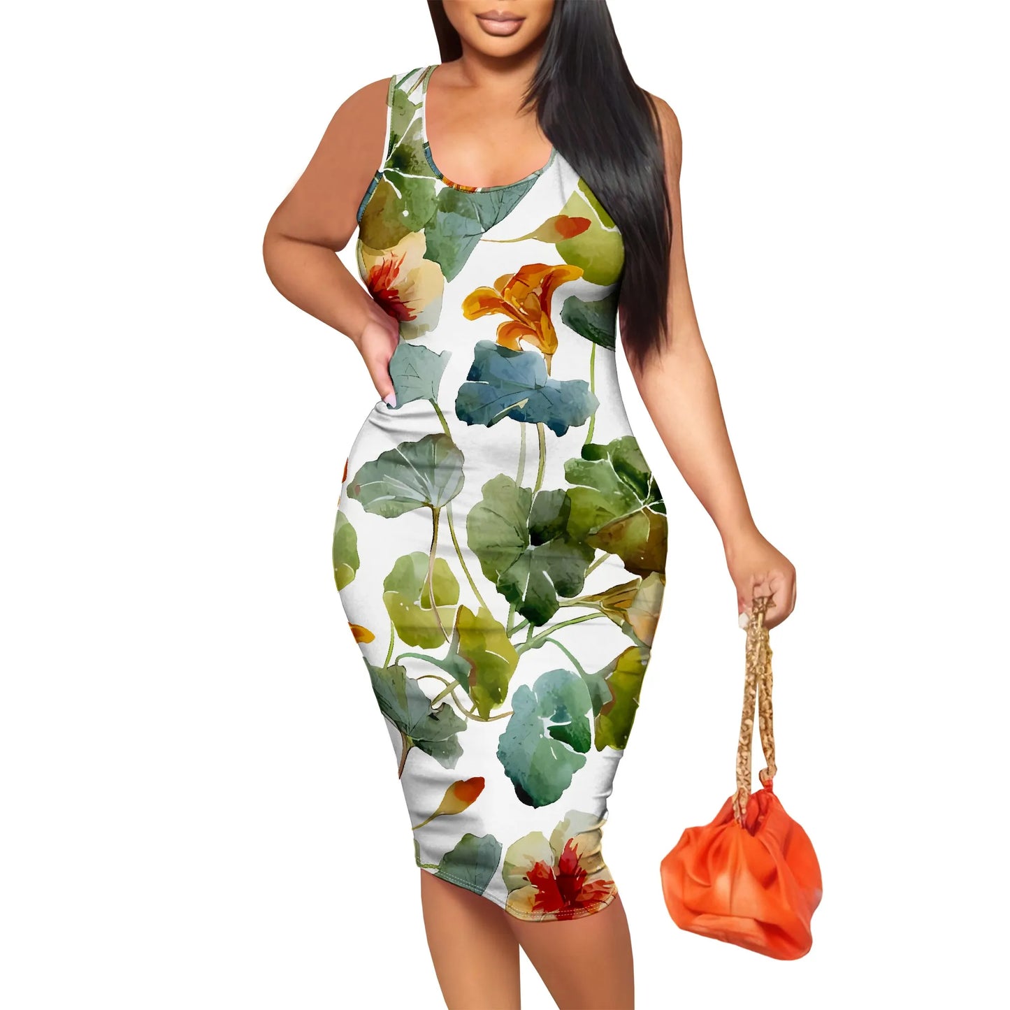 Botanical Floral Print Sleeveless Bodycon Midi Dress Summer Slim Fit Tank Dress Casual Vacation Style for Women