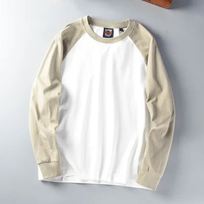 Autumn New American Retro Long Sleeve O-neck Contrast Splicing T-shirt Men's Fashion 100% Cotton Washed Old Casual Sport Tops