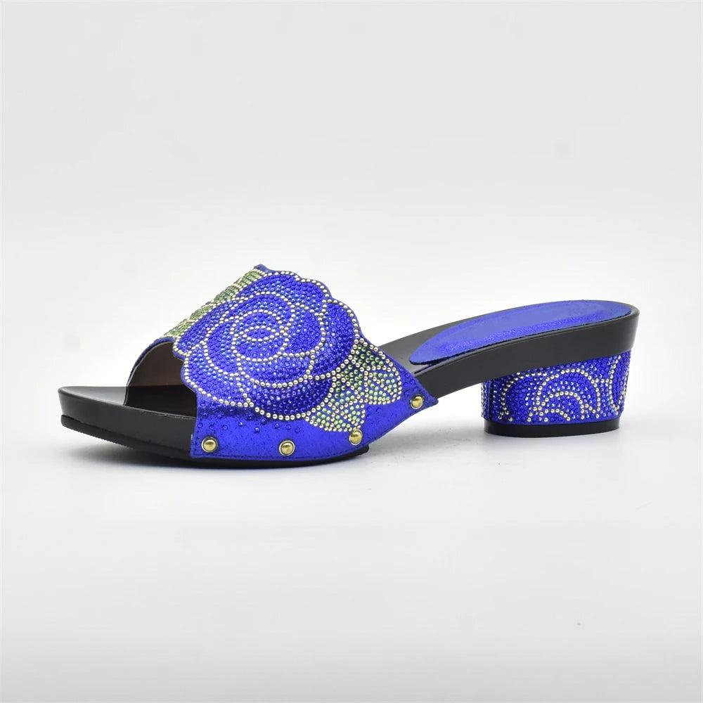 Women's Italian Shoes with Matching Bags Set Decorated with Rhinestone Open Toe Ladies' Slippers Shoes