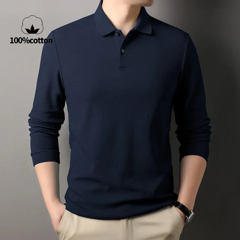 Men's 100% Cotton Polo Shirt, Four Seasons Universal Leisure Long Sleeve, Breathable Lapels T-shirt, Perfect and Durable for Golf Sports